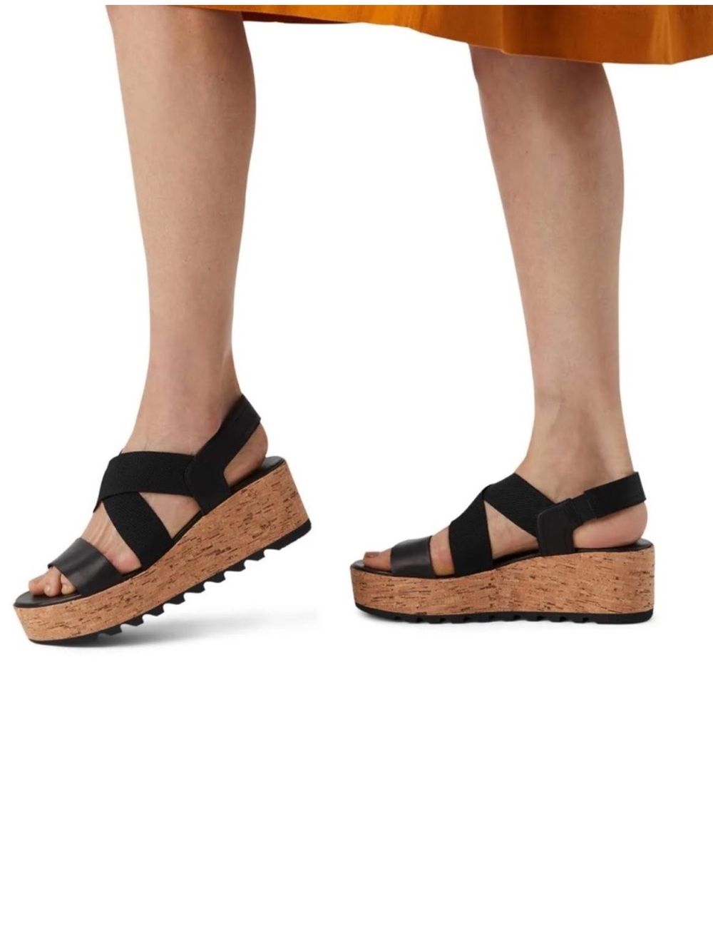 SOREL Cameron Flatform Slingback Sandals Black Cork Platform Size 9
